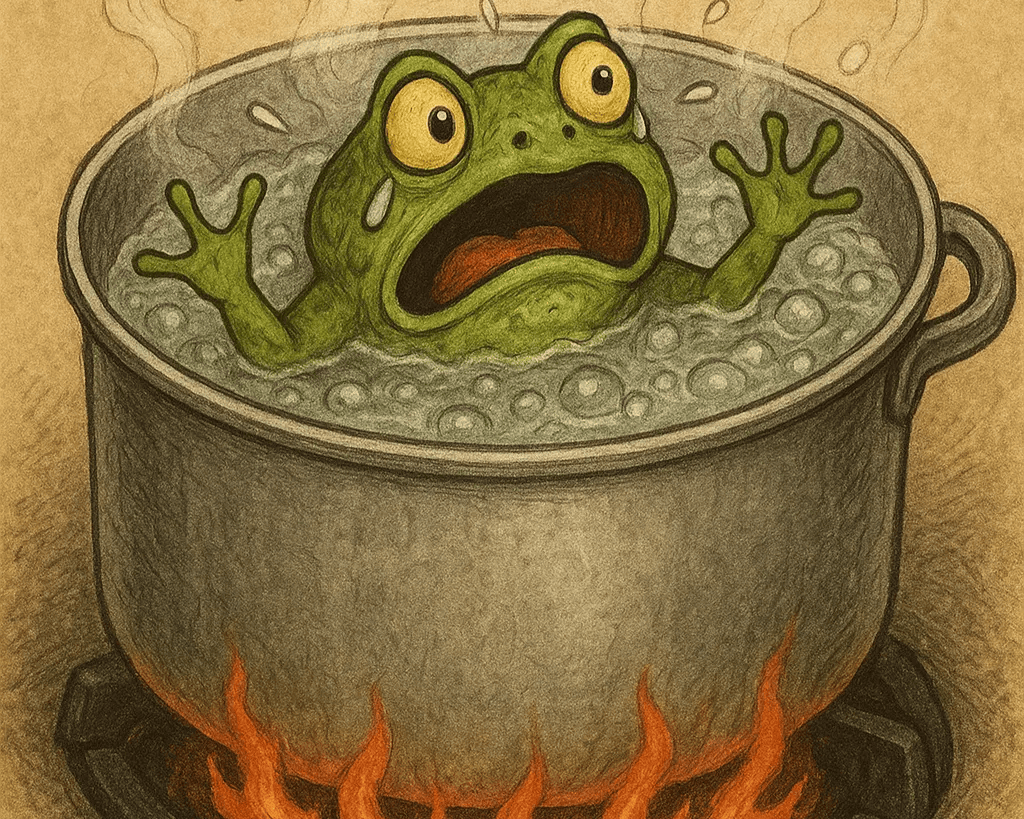 A frog in a pot of water, representing how employees slowly get used to increasingly bad working conditions