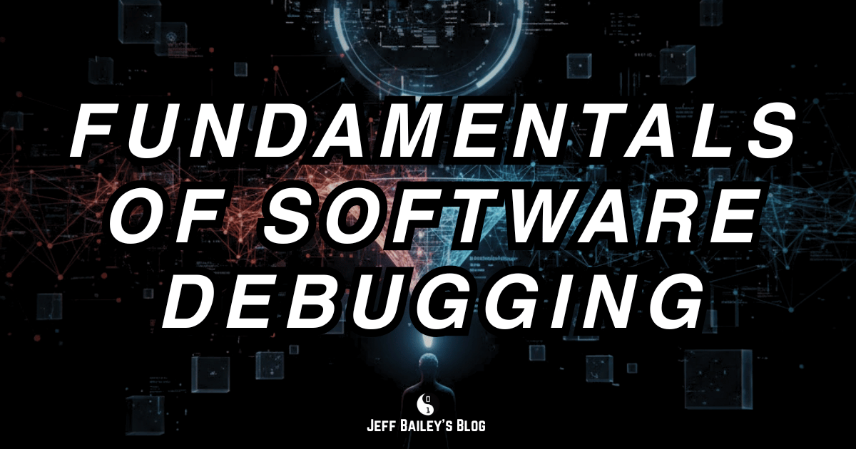 Abstract illustration of software debugging workflow: define failure, reduce surface area, form hypotheses, collect evidence, confirm root cause, and prevent recurrence.