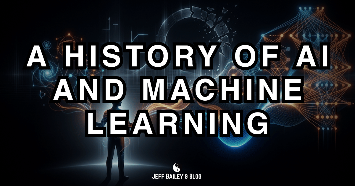 Timeline collage of AI milestones from perceptrons to transformers, with mathematical notation and neural network diagrams.