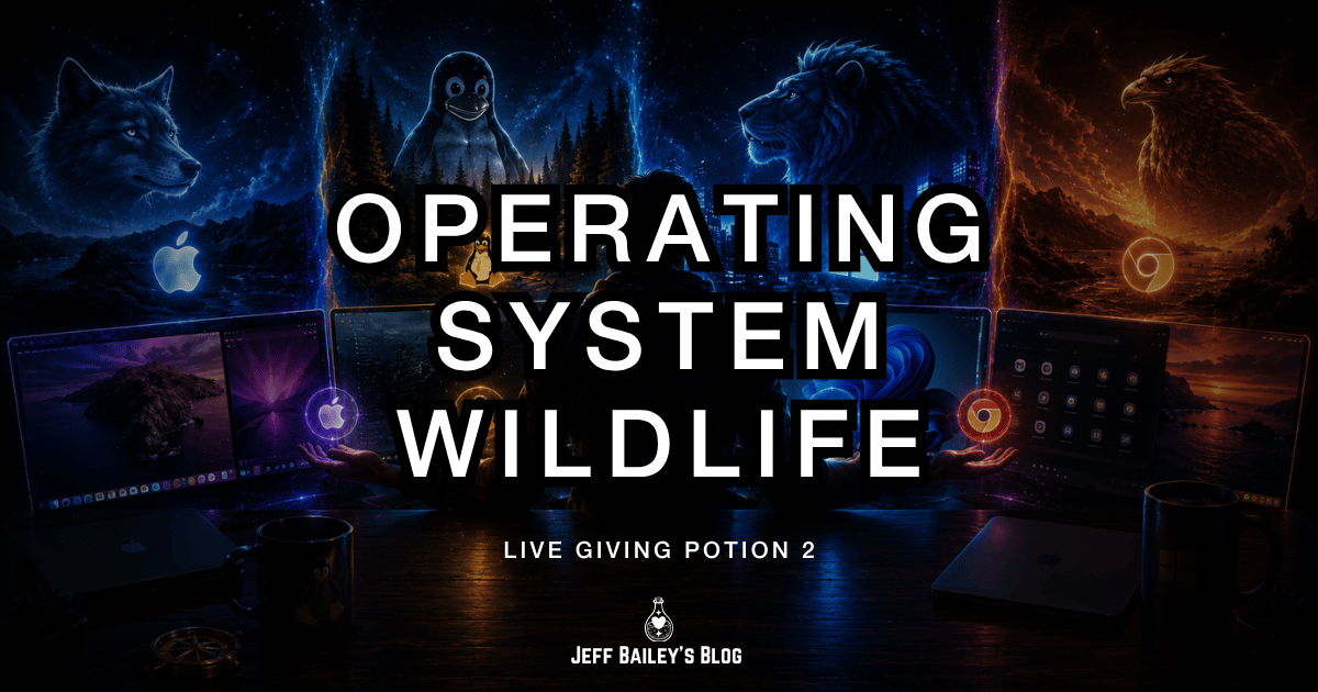 A jungle of operating system logos representing a lifetime of jumping between Mac OS, Linux, and Windows.