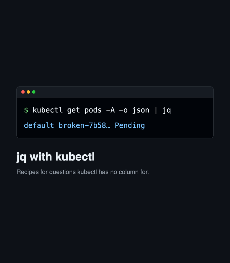 A terminal piping kubectl output into jq to list pods that are not running.
