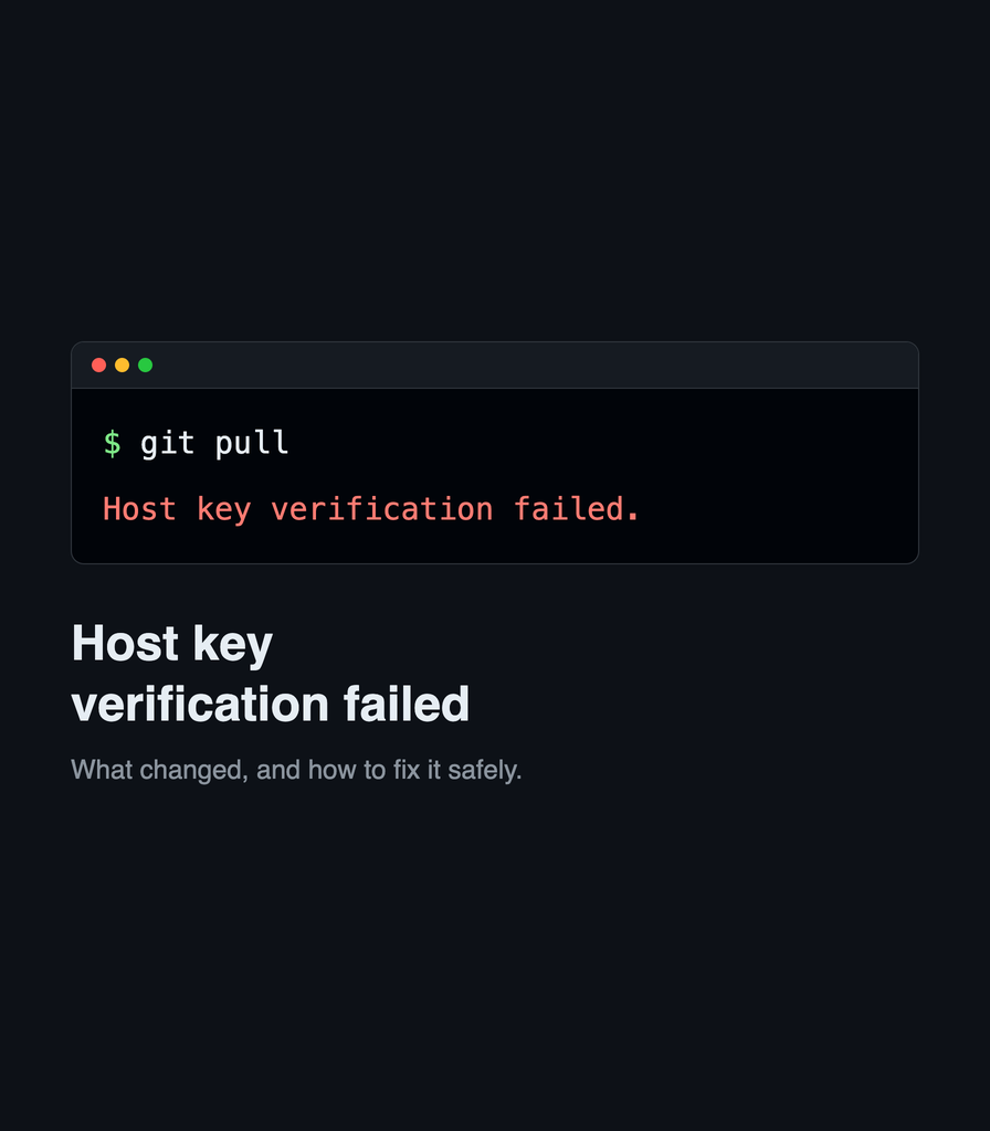 A terminal showing git pull answering with Host key verification failed.