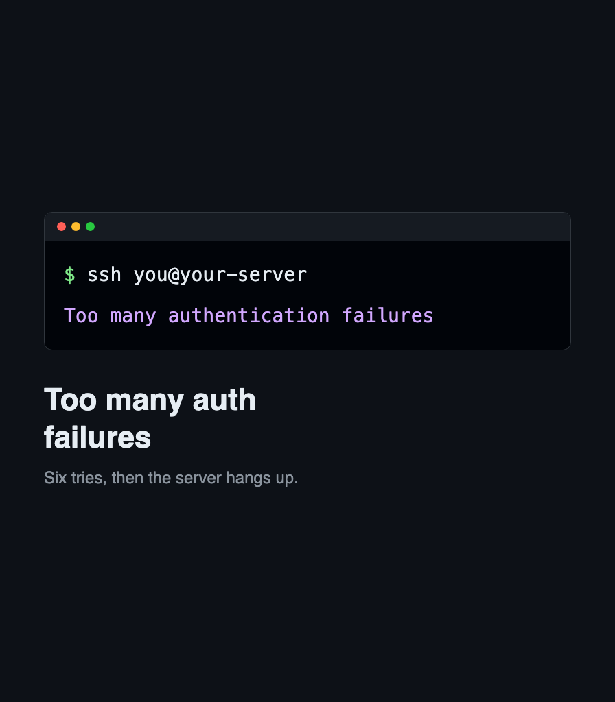 A terminal showing an SSH connection disconnected for too many authentication failures.