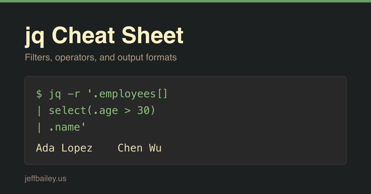 A reference card showing a jq command that selects employees over age 30, above its two-line output.