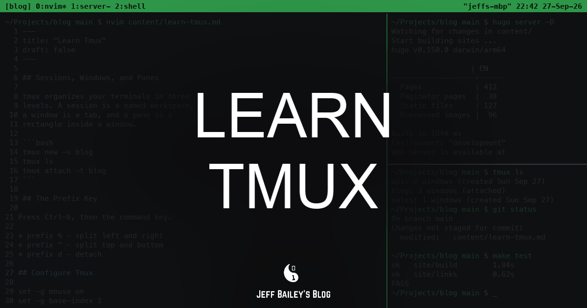 The words Learn Tmux in white over a dark terminal split into panes, with a green tmux status bar along the top.