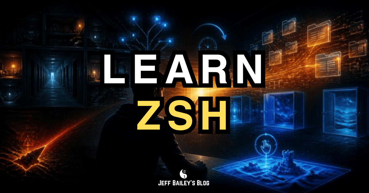 Learn Zsh cover: a silhouetted figure faces a dark hallway and glowing blue and orange rooms of folders, under the title "Learn Zsh"