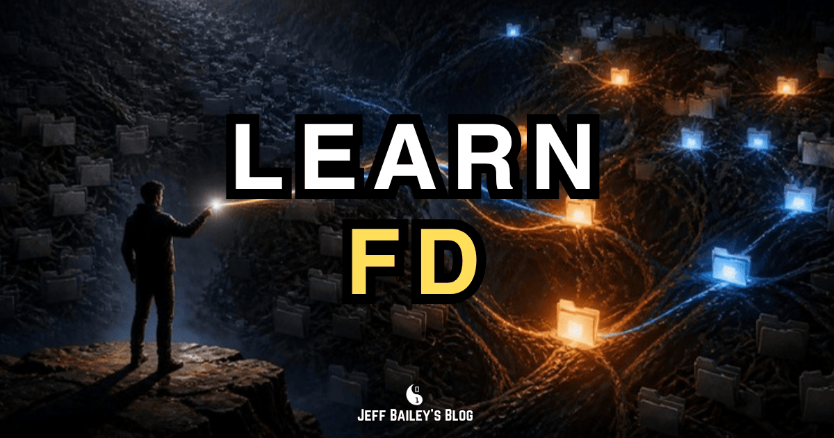 Learn fd cover: a silhouetted figure sends threads of orange and blue light through a dark tangle of branching folders, under the title "Learn fd"