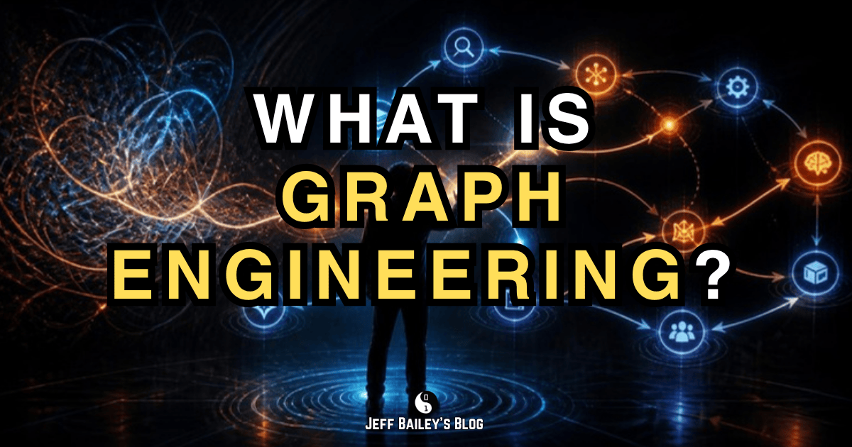 What Is Graph Engineering? A silhouetted person faces a tangle of light on the left that resolves into a network of glowing nodes joined by looping arrows.