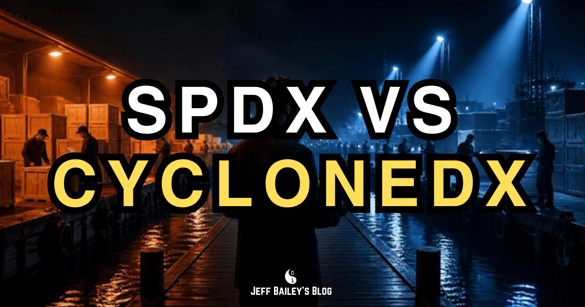 A harbor inspector on a wet night pier between an orange-lit dock of stacked crates and a blue searchlit dock, under the title SPDX vs CycloneDX.