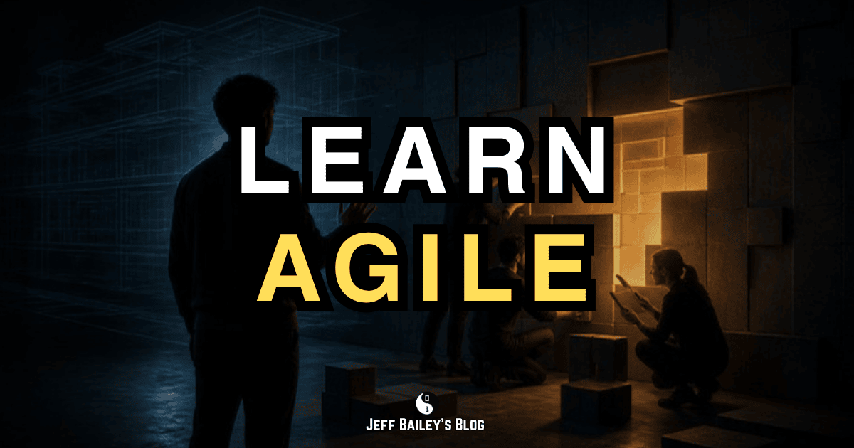 A newcomer stands in a dark studio with one hand half-raised, watching a small team build a glowing section of an unfinished wall, under the title Learn Agile.